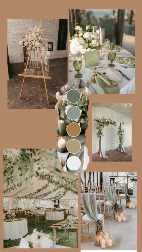 Green And Beige Wedding Theme, Sage Green And Beige Wedding, Beige Wedding Theme, Green Fall Weddings, Sage Green And Beige, Sage Green Wedding Colors, Wedding Theme Color Schemes, Western Themed Wedding, Dream Wedding Reception