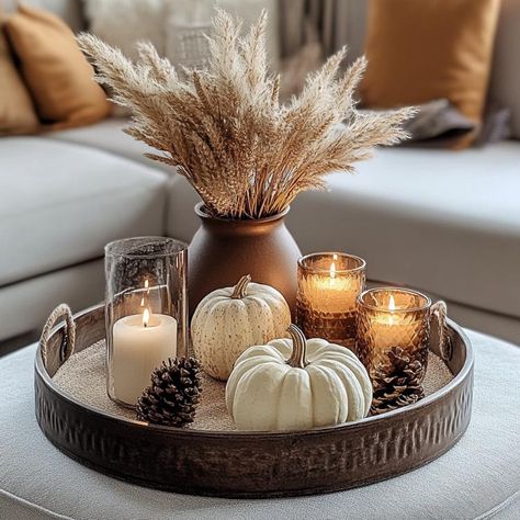 Autumn Tray Decor Living Room, Living Room Tray Decor, Fall Decor 2024, Dining Table Fall Decor, Farmhouse Autumn Decor, Fall Tray Decor, Elegant Fall Decor, Fall Tray, Fall Decor Diy Crafts