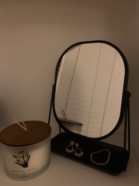 Mirror Desk Aesthetic, Aesthetic Makeup Mirror, Desk Mirror Aesthetic, Black Desk Aesthetic, Mirror Organization, Makeup Mirror Aesthetic, Mirror Desk, Desk Aesthetic, Aesthetic House