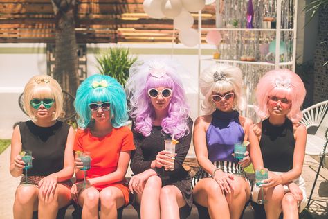 An Out-of-This-World, 60s Mod Themed Party | Party at the Moontower Event Rentals Mod Theme Party, Wig Party Birthday, Costume Bachelorette Party, 60s Theme Bachelorette Party, Bachelorette Wigs Party, Hairspray Themed Party, Hairspray Birthday Party Ideas, Wig Birthday Party Theme, Wiggin Out Party