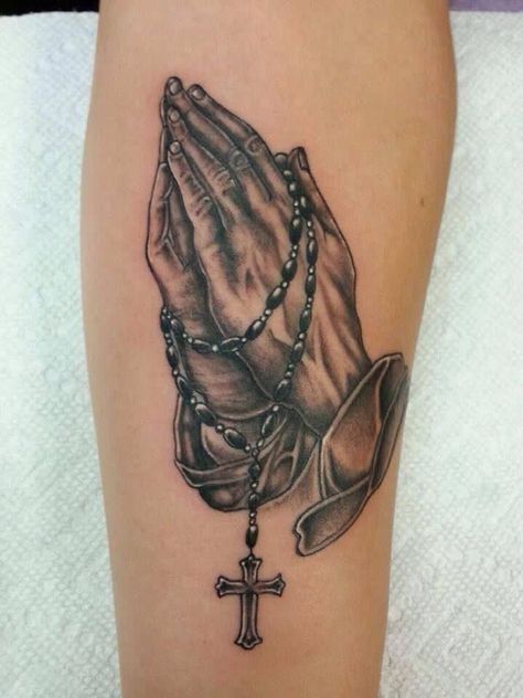 Cross Praying Hands Tattoo, Hand And Rosary Tattoo Design, Tattoo Ideas Praying Hands, Praying Hands Tattoo Design Rosary Beads, Praying Hands Tattoo Forearm, Praying Tattoo For Men, Prying Hands Tattoo Design, Praying Hands With Rosary Tattoo Stencil, Pray Until Something Happens Tattoo