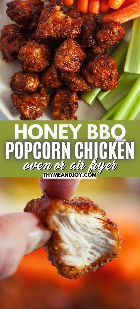 Skip Sonic, KFC, or even Applebee's and make your own honey BBQ popcorn chicken right at home! Tender pieces of chicken breast are coated in breadcrumbs and baked in the oven or air fried before tossing with your favorite honey barbeque sauce for a sweet and tangy way to enjoy a snack, appetizer, or a quick and easy main course paired with your favorite side dishes! Gluten free and keto options included! Baked Honey Bbq Chicken Bites, Barbeque Chicken Crockpot, Boyfriend Recipes, Honey Bbq Chicken Bites, Chicken Bites Oven, Oven Baked Bbq Chicken Breast, Honey Barbeque Chicken, Oven Bbq Chicken Breast, Side Dishes Gluten Free