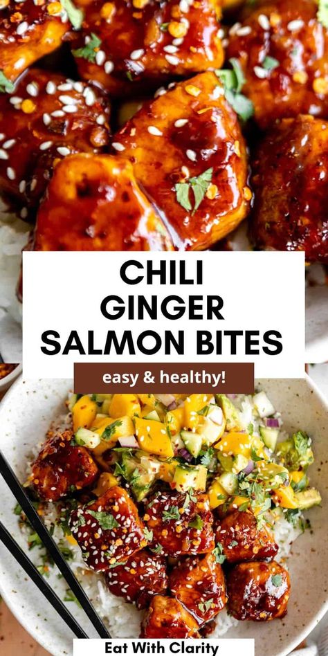 Garlic Ginger Salmon, Sweet Chili Salmon Bites, Spicy Maple Salmon Bites, Firecracker Salmon Bites, Date Night Recipes Dinner, Honey Chili Sauce, Honey Ginger Salmon, Salmon Bites Recipe, Ginger Salmon