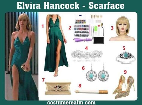 Dress Like Elvira Hancock From Scarface, Elvira Hancock Costume, Halloween Costume, Cosplay, Outfits, Clothes, Fashion Guide Elvira Hancock Dress, Elvira Hancock Costume, Scarface Elvira, Black Couple Costumes, Scarface Costume, Cute Couple Costumes For Halloween, Elvira Costume, Couple Costumes For Halloween, Elvira Hancock