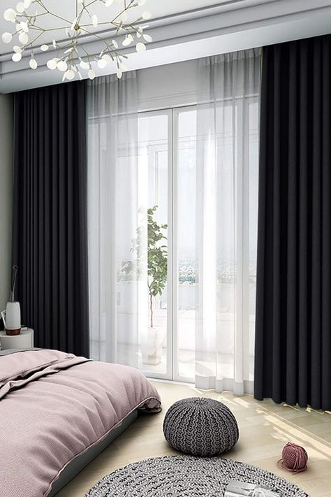 luxury bedroom design Black Out Curtains Bedroom Ideas, Black And Grey Curtains, Black Curtains Bedroom, Black Curtains Living Room, Grey Curtains Bedroom, White Curtains Living Room, White Curtains Bedroom, Beautiful Bed Designs, Blackout Curtains Bedroom