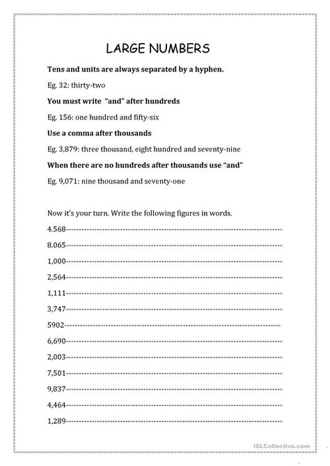 Big Numbers Four Digits - English ESL Worksheets for distance learning and physical classrooms Reading Numbers Activities, Esl Numbers Worksheets, Esl Numbers Activities, Big Numbers Worksheets, Numbers In Letters, Writing Worksheets For Adults, Numbers Worksheets For Kids, How To Read Numbers, Esl Numbers