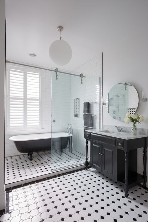 Wet Room Bathroom, Black And White Tiles Bathroom, Black And White Bathroom, White Bathroom Tiles, Bathroom Design Trends, Victorian Bathroom, Wet Room, Bathroom Floor Tiles, Family Bathroom