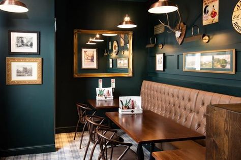 Pub Colour Schemes Interiors, Victorian Pub Interior, English Pub Aesthetic, Pub Tables And Chairs, Country Pub Interior, Irish Pub Aesthetic, Pub Renovation, English Pub Decor, Deep Green Walls