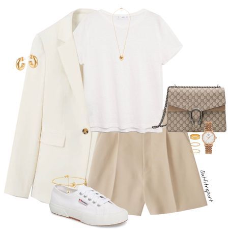 Beige Trouser Shorts Outfit, Superga Outfit Summer, Superga Sneakers Outfit, White Superga Sneakers, Superga Outfit, White Oversized Blazer, White Superga, London Ootd, Neutral Trousers