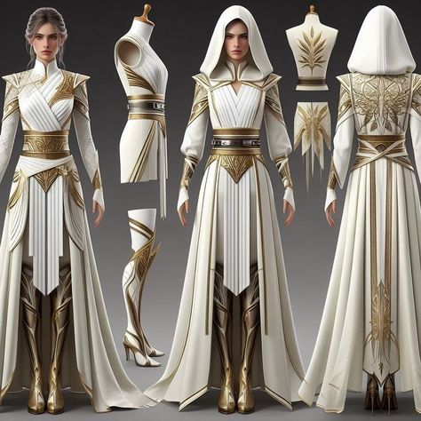 White And Gold Fantasy Outfit, Armor Dress, Warrior Outfit, Star Wars Outfits, Gold Outfit, Clothing Design Sketches, Dress Design Sketches, Fantasy Gowns, A Dinosaur