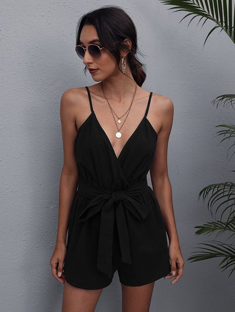 Black Casual  Sleeveless Cotton Plain Cami  Non-Stretch Summer Women Jumpsuits & Bodysuits Short Black Jumpsuit Outfit, Black And White Romper Outfit, Black Romper Outfit Casual, Short Jumpsuit Night, Playsuit Outfit Casual, Playsuit Outfit Summer, Black Romper Outfit Dressy, Black Playsuit Outfit, Jumpsuit Shorts Outfit