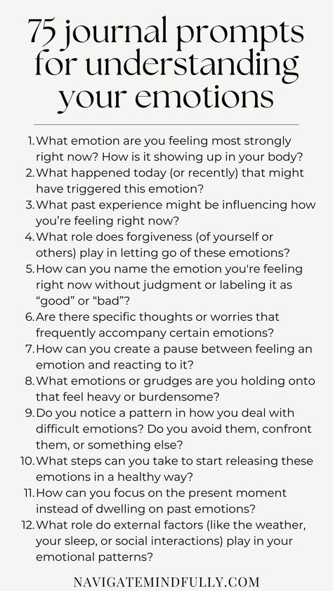 Journal Prompts to Understand Your Emotions Identify Emotions Activities, Emotional Intelligence Journal Prompts, Self Awareness Journal Prompts, Feeling Journal, Therapy Journaling Prompts, Emotions List, Prompted Journal, Deep Conversation Starters, Mindfulness Journal Prompts