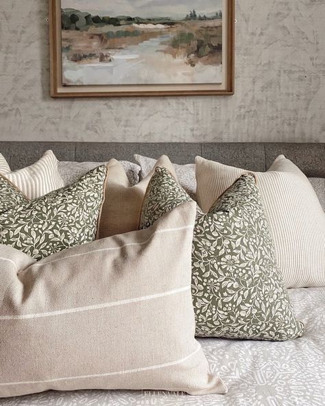 Ellenvale Interiors on Instagram: “How beautiful does our beige country style cushion look against these green cushions in @homebyemj’ bedroom, thank you for sharing 🤍 .…” Sage Green And Beige Bedroom, Green Cushions Living Room, Bed Cushions Arrangement, Sage Living Room, Cushion Arrangement, Cushion Combinations, Country Cushions, Bedroom Cushions, Beige Bedroom