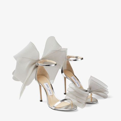 AVELINE 100 | Silver Sandals with Asymmetric Grosgrain Mesh Fascinator Bows | Autumn Collection | JIMMY CHOO Jimmy Choo Aveline, Wedding Dress Sandals, Sling Back Sandals, Mesh Bows, Bow Heels, Silver Sandals, Metallic Sandals, Bow Shoes, Footwear Design Women