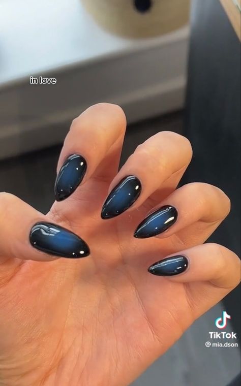 Glass Sapphire Nails, Nail Inspo Midnight Blue, Navy Blue Gel X Nails, Nail Inspo For Blue Dress, Navy Nail Ideas Dark Blue, Blue Nails With Design Almond, Navy Blue Nail Inspo Prom, Black Blue Aura Nails, Midnight Blue Almond Nails