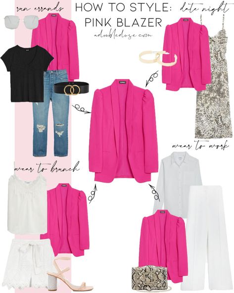 What Goes With Pink Outfits, Fuchsia Shorts Outfit, Hot Pink Blazer And Jeans Outfit, Pink Blazer Brunch Outfit, Fuscia Shirt Outfit, What Colors Go With Pink Outfits, Pink Blazer Outfit Classy Dressy, Fuschia Blazer Outfit Work, Pink Business Professional Outfits