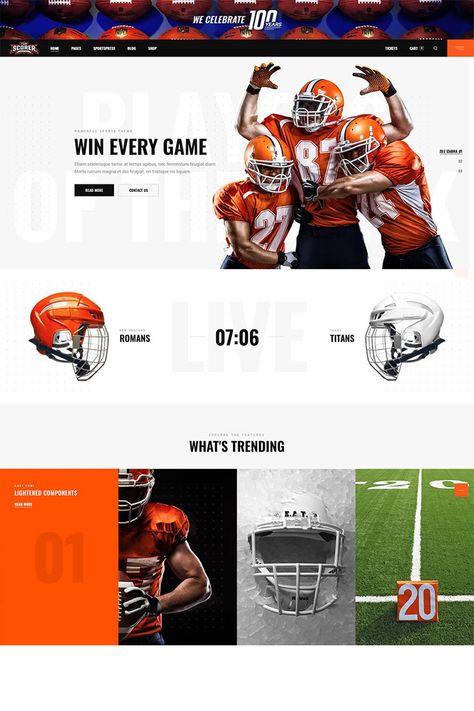 Meet your new sports team leader, Top Scorer! The theme comes with full SportsPress integration which is ideal for sports club and league management. Sports Web Design, Team Page Web Design, Sports Website Design, Red Website, Web Sport, Minimalist Web Design, Soccer Logo, Sports Website, Team Page