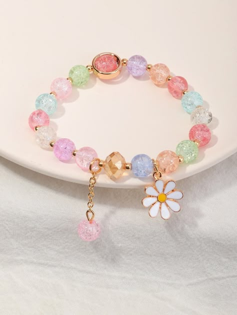 Flower Charm Beaded Bracelet | SHEIN USA Glass Bead Bracelet Aesthetic, Cute Charms For Bracelets, Cute Assesories, Shein Bracelet, Collares Aesthetic, Beaded Charm Bracelet, Embellished Fashion, Pretty Jewelry Necklaces, Jewelry Cute