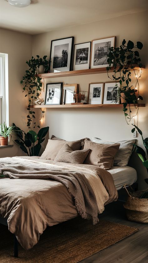 Floating Shelf Plants Bedroom, Hanging Plant Bedroom Aesthetic, Home Decor Wood Ideas, Long Shelves Above Bed, Plants Over Bed Shelf, Bedroom With No Tv Ideas, Plant Over Bed, Small Room Boho Decor Bedroom Ideas, Apartment Bedroom Wall Ideas