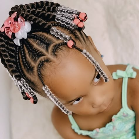 How adorable is this braided ponytail with a twist, accessorized with cutest hair ties and beads by @danni_styles_😍✨⁣ Braids And Beads, Easy Braid Styles, Toddler Braided Hairstyles, Lil Girl Hairstyles, Kid Braid Styles, Cute Braided Hairstyles, Toddler Hairstyles Girl, Girls Natural Hairstyles, Braided Ponytail Hairstyles