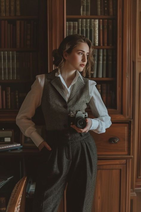 40s Academia Aesthetic, Vintage Business Woman, Cottagecore Mixed With Dark Academia, Vintage Style Women Outfits, Formal Vintage Outfits For Women, Investigator Aesthetic Outfit, 1920s Adventurer Aesthetic, 1920s Female Detective, Art History Major Aesthetic Outfits