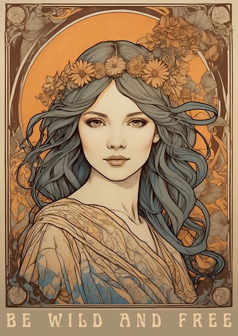 #WildAndFree #MoonChild #Boho #EarthChild #Goddess #ArtNouveau #ArtPrint #WallArt #HomeDecor #ArtForSale #PrintableArt #EtsyShop #GalleryWall #InteriorDesign #CreativeHome #ArtLovers #AffordableArt #UniqueDecor #HomeInspiration #GiftIdeas #BohoDecor #ModernArt #PrintableWallArt #DecorateWithArt #ArtCollector #SupportLocalArtists Mucha Posters Art Nouveau, Art Nouveau Portrait Illustrations, Mnemosyne Goddess, Nature Goddess Art, Earth Goddess Tattoo, Art Nouveau Portrait, Art Nouveau Aesthetic, Goddess Design, Goddess Face