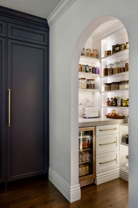 Neutral Contemporary Pantry With Arched Doorway Contemporary Pantry, Arched Doorway, Neutral Contemporary, Transitional Kitchen Design, Butchers Block, Corner Pantry, Harmony House, Beautifully Organized, Blue Cabinets