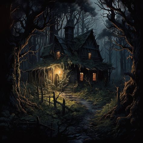 In the dense, foreboding woods, the creepy cottage emerges like a haunting apparition, its timeworn timbers creaking with the secrets of… | Instagram Cute Cottage Drawing, Cottage In The Woods Aesthetic, Creepy Cottage, Witch Cottage Aesthetic, Overgrown Cottage, Ancient Witch, Witch Cabin, Witchy Cottage, Witches Cottage