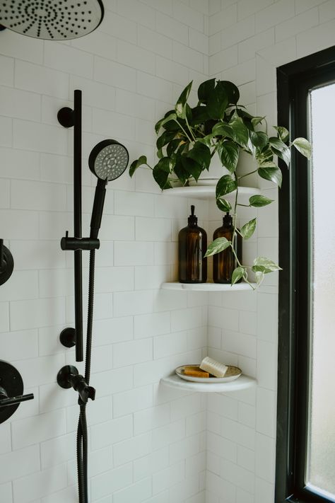 white subway tile bathroom, picture ledge bathroom, free standing tub, american standard cadet tub, matte black bathroom hardware, eclectic bathroom, diy bathroom remodel, wooden bathroom vanity, bathroom remodel, white bathroom, white subway tile wall, white free standing tub, bathroom plants, behr polar bear paint, modern block prints, hexagon tiles, cement tiles, modern farmhouse vanity, bathroom shelf styling Modern Eclectic Bathroom, White Subway Tile Bathroom, Wooden Bathroom Vanity, Black Bathroom Hardware, Matte Black Bathroom, Eclectic Bathroom, Decor Studio, Modern Eclectic, Diy Bathroom Remodel