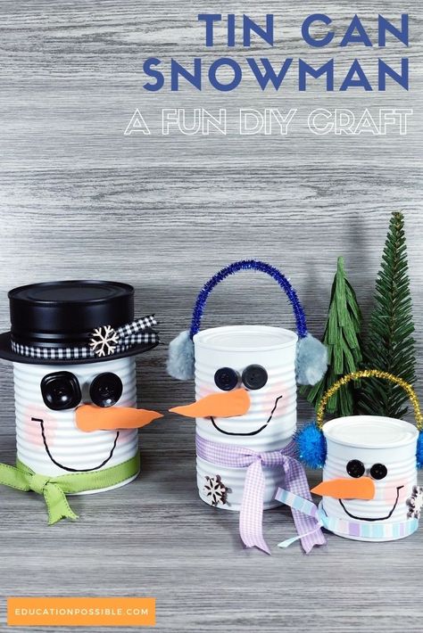 Winters can be long, so liven up your home with a tin can snowman. This recycled craft is incredibly easy to complete, making it perfect for kids and adults. This simple project can be finished in less than 30 minutes and makes an adorable winter decoration. Spend some time together creating a whole family of snowmen out of tin cans. Mini Pail Crafts, Coffee Tin Can Ideas Christmas, Snowman Made Out Of Tin Cans, Coffee Can Diy Projects Christmas, Can Snowman Craft, Crafts With Formula Cans, Tin Can Snowman Crafts, Christmas Activities For Nursing Homes, Tin Can Christmas Tree