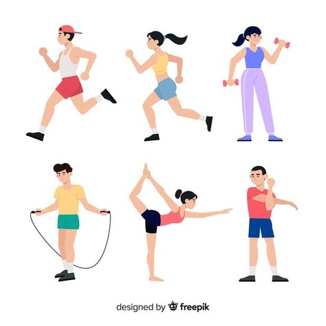 Set de personajes haciendo deporte vecto... | Free Vector #Freepik #freevector #personas #personas #mujer #hombre Running Pose, Kid Drawing, Paper List, Gym Interior, Canva Elements Keyword, Groovy Font, Illustration Art Design, Vector People, Blog Graphics