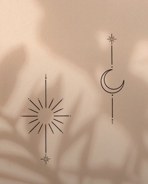 Astrology Sun Tattoo, Gemini Tattoo Sun And Moon, Virgo Matching Tattoos, Sibling Minimalist Tattoo, Small Matching Tattoos Sun And Moon, Simple Tattoos For Sisters, Vertical Sun Tattoo, Water Triangle Tattoo, Matching Compass Tattoos Best Friends