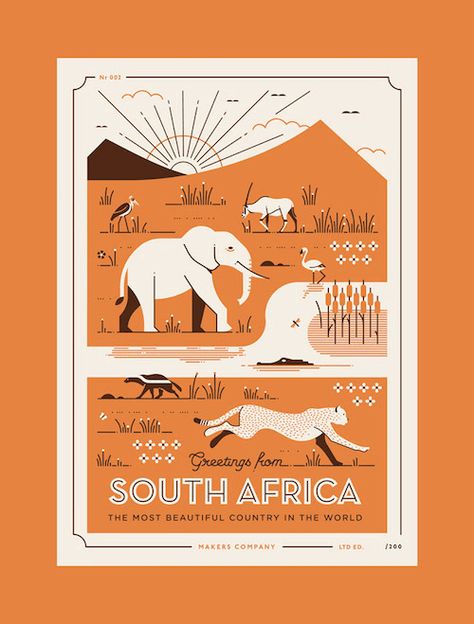 Makers Company 1940s Poster Design, South Africa Illustration, South African Animals, South African Design, Safari Design, Illustration Landscape, Elephant Illustration, Africa Safari, Africa Art