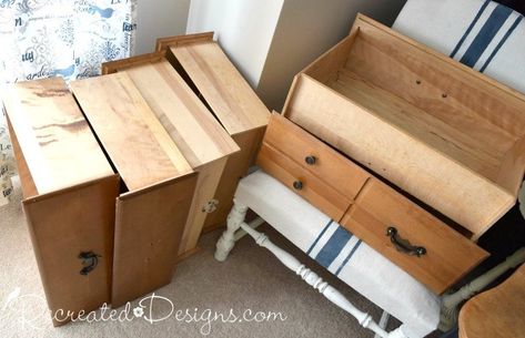 turn a pile of leftover drawers into a bookshelf, shelving ideas, storage ideas Bookshelf Upcycle, Chest Of Drawers Makeover, Drawers Repurposed, Unique Bookcase, Unique Bookshelves, Upcycle Dresser, Diy Bookshelf, Old Drawers, Bookshelf Design