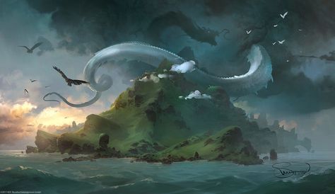 Blackfire Playmat illustrations, Svetlin Velinov on ArtStation at https://www.artstation.com/artwork/VRZ5b Serpent Art, World Serpent, Concept Art World, Fantasy Beasts, 다크 판타지, Scene Art, Dragon Artwork, Fantasy Dragon, Monster Art