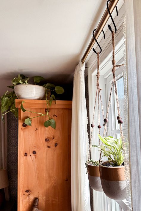 One of the easiest ways to update your bedroom decor is to add bedroom plants. Don't underestimate the power of plants!  Hanging plants from curtain rods is a fun way to add a touch of greenery and update your bedroom decor. Two of my favorite hanging plant varieties include pothos or string of pearls for a unique look. Check out our blog for more tips on updating your bedroom decor with plants. Your oasis awaits! Hanging Bedroom Plants, Hanging Plant In Living Room, Plants Hanging From Curtain Rod, Hanging Plants Over Window, Inside Hanging Plants Ideas, Hanging Plant Indoor Ideas, Hang Plants In Window, Indoor Plant Hanging Ideas Diy, Hanging Indoor Plant Ideas