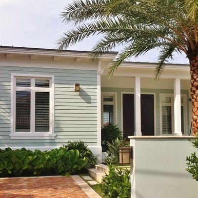 exterior color: Copen Blue-SW 0068 and Sherwin Williams white Cottage Paint Colors, Coastal Paint, Coastal Paint Colors, Beach House Colors, Beach House Exterior, Bungalow Exterior, House Color Palettes, Cottage Exterior, Exterior Paint Colors For House