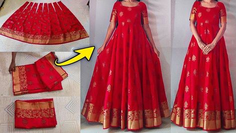 Long frock design trends Reused Saree Dress, Sarees One Piece Dress, Front Neck Design For Gown, Anarkali Dress Front Neck Designs, One Piece Anarkali Dress, One Piece Dress Of Saree, Sarees Dress Pattern, Saree Anarkali Dress Pattern, Long Gown Dress From Saree Back Design