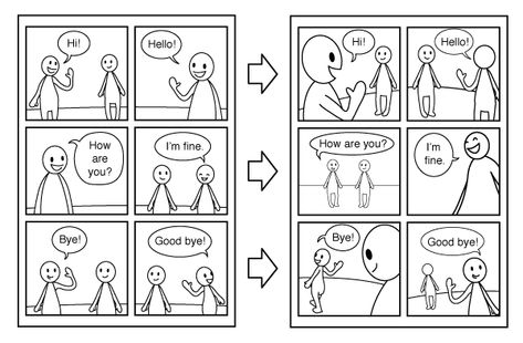 When making longer narrative-focused comics it might be good to move the "camera" around a bit more. Close-ups, full body shots and using the bird's/worm's eye view can change things up a lot, even if it is just two characters talking to each other. Comic Script Ideas, How To Make Comics Tutorials, Comic Angles, Easy Comic Drawings, How To Draw A Comic, How To Make A Manga, Ideas Para Comics, Mini Comic Ideas, Comic Drawing Ideas