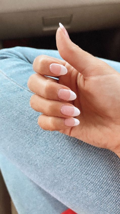 French tip, almond nails. Dip powder French Dip Powder Nails Almond, Sns Nails Aesthetic, Sns Nail Ideas Almond, Aesthetic Sns Nails, French Sns Nails Almond, French Tip Sns Nails Almond, Very Short Almond Nails French, Sns French Tip Nails, Almond Nails Dip Powder