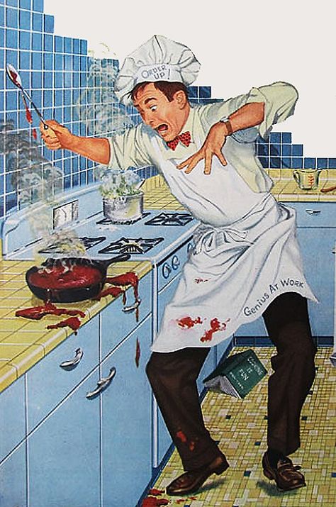 Roger Wilkerson Man In The Kitchen, Roger Wilkerson, Norman Rockwell Art, Vintage Housewife, Man Cooking, Retro Housewife, 인물 드로잉, Pulp Art, Norman Rockwell