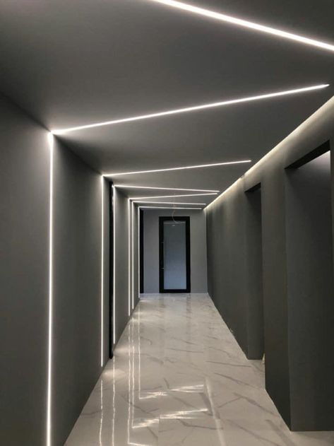 Led Stripe Ceiling Lights, Hallway Strip Lighting, Led Strip Ceiling Lighting Ideas, Led Ceiling Strip Light, Led Strips Ideas, Ceiling Led Strip Lighting Ideas, Strip Ceiling Lights, Faux Plafond Led, Strip Lighting Ceiling