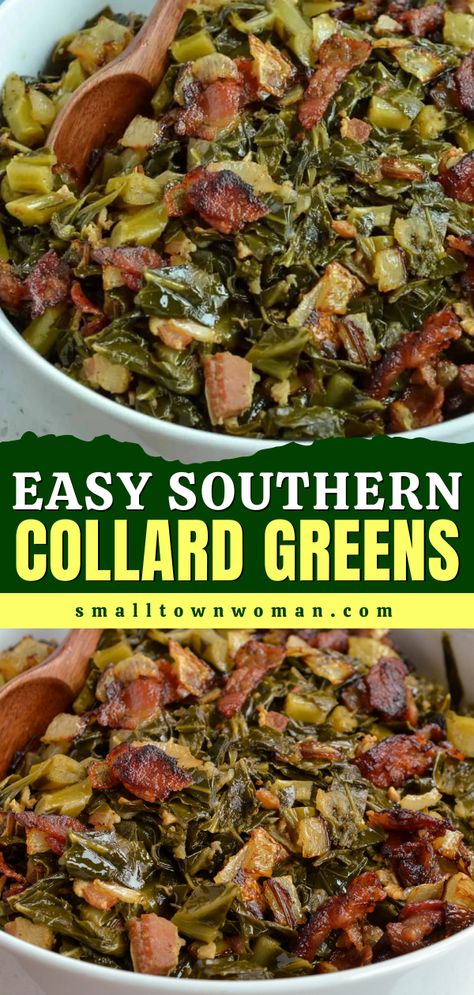 Your Easter menu ideas must have these southern-style collard greens! They will become one of your favorite Easter side dishes. Simmered with bacon, onion, and garlic, these easy Southern Collard Greens are absolutely delicious! Thanksgiving Collard Greens Recipe, How To Make Southern Collard Greens, Southern Collard Greens With Bacon, Thanks Giving Dinner Sides, Southern Recipes Side Dishes, Soulfood Thanksgiving Dinner Ideas, New Years Greens, How To Make Collard Greens Soul Food, Cooked Greens Recipes