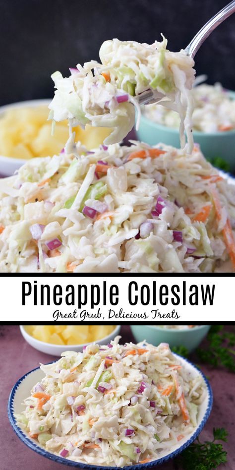 Pineapple Coleslaw is a simple, easy, and delicious coleslaw recipe that is made with only eight simple ingredients. Yummy Coleslaw Recipe, Pineapple Coleslaw Recipe, Traditional Coleslaw Recipe, Pineapple Coleslaw, Salad Mixes, Coleslaw Recipe Easy, Coleslaw Salad, Homemade Coleslaw, Fresh Salad Recipes