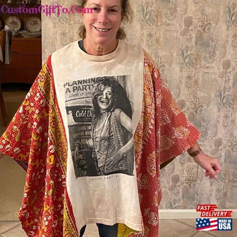 Upcycled Janis Joplin Tee With Vintage Kantha Quilt Poncho Tea Dyed Tee! One Size Fits All T-Shirt Classic Check more at https://customgiftto.com/product/upcycled-janis-joplin-tee-with-vintage-kantha-quilt-poncho-tea-dyed-tee-one-size-fits-all-t-shirt-classic/ Patchwork, Upcycling, Couture, T Shirt Crafts Upcycling, Upcycled Tshirt Ideas, Quilt Poncho, T Shirt Upcycle Refashion, Upcycled Fashion Refashioning, Patchwork Shirt Diy