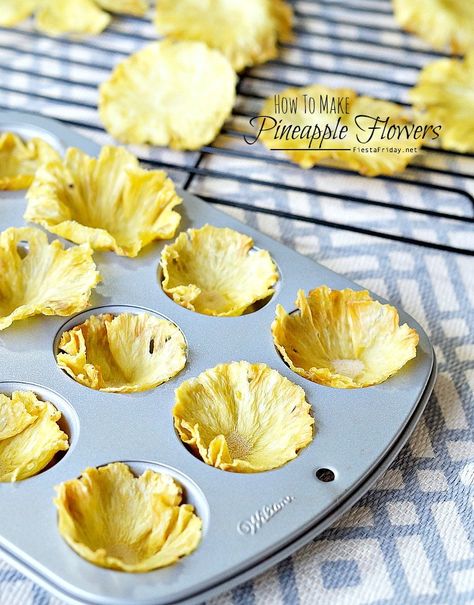 how to make pineapple flowers | fiestafriday.net Dried Pineapple Flowers, Pineapple Coconut Cupcakes, Decorating Cupcakes, Pineapple Flowers, Dried Pineapple, Coconut Cupcakes, Baking Art, Fruit Slice, Pineapple Cake