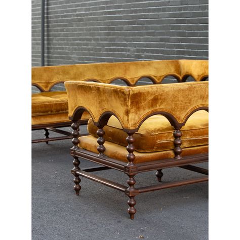 1930s Spanish Revival Gold Velvet Vintage Sofas- a Pair | Chairish Gold Velvet Sofa Living Room Ideas, Vintage Banquette Seating, Upholstered Vintage Sofa, Brown And Gold Interior Design, Drexel Sofa, Rustic Vintage Interior Design, Sofa Detail, Restaurant Banquette, Lego Desk