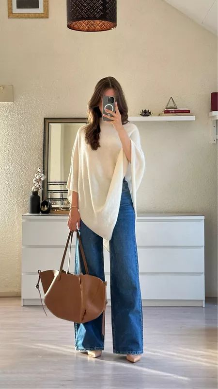 Feinstrickponcho aus Kaschmirmix curated on LTK Modest Summer Office Outfits, Simple Church Outfits Winter, Wide Leg Jean Outfits Fall, Modest Girly Outfits Casual, Church Outfit Christmas, Church Christmas Outfit, Jean Church Outfit, Simple But Elegant Outfits, Winter Church Outfits For Women Classy