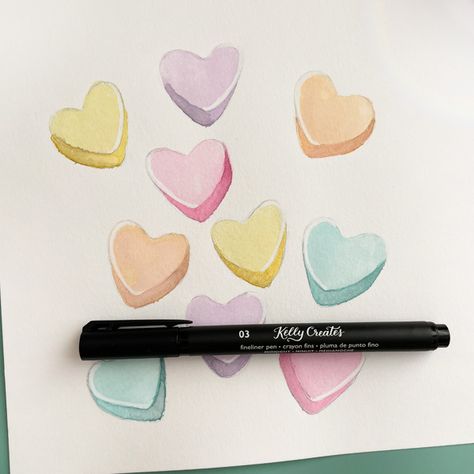 Candy Hearts Valentine’s Day Tutorial – Kelly Creates Candy Heart Watercolor, Watercolor Candy Hearts, Candy Hearts Painting, Candy Heart Painting, Watercolor Candy, Valentine Candy Hearts, Valentines Watercolor, Middle School Art Projects, Watercolor Hearts