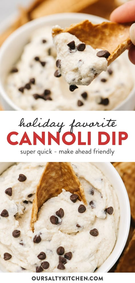 Cannoli Dip is everything you love about the classic Italian dessert without the fuss! Super easy, this sweet take on chips and dip is perfect for holiday parties or any event for a crowd. Add it to your Christmas dessert spread or offer it during a game day gathering. Ready in just 20 minutes, Cannoli Dip is a great make ahead dessert recipe for all your holiday entertaining needs. #dip #christmas #desserts #christmasdessert #cannoli #italianrecipes Waffle Cone Chips, Nye Dips, Easy Cannoli Dip, Nye Desserts, Easy Cannoli, Easy Dessert Dips, Italian Desserts Easy, New Years Eve Dessert, Cannoli Dip